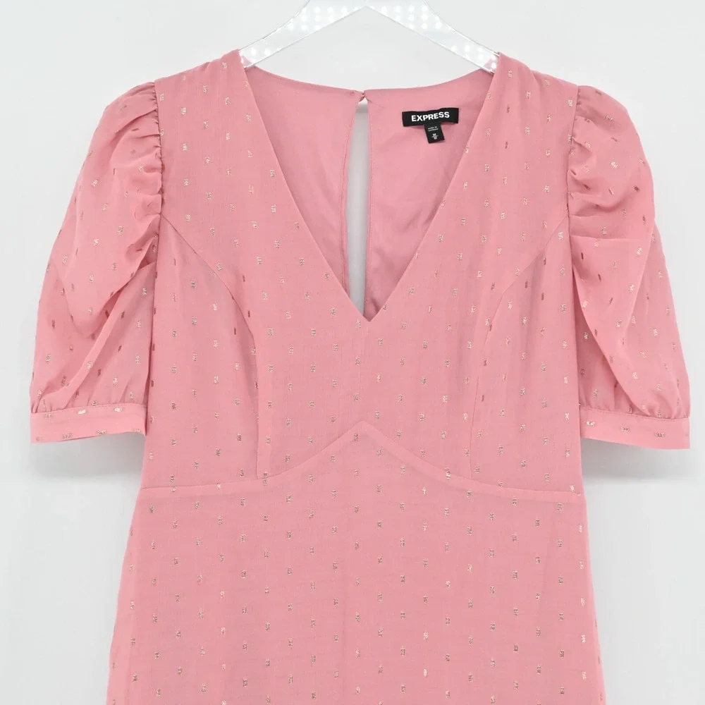 Express Metallic Clip Dot Dress Sz M Pink Gold Puff Sleeve Coquette Ballet Retro - Picture 3 of 12